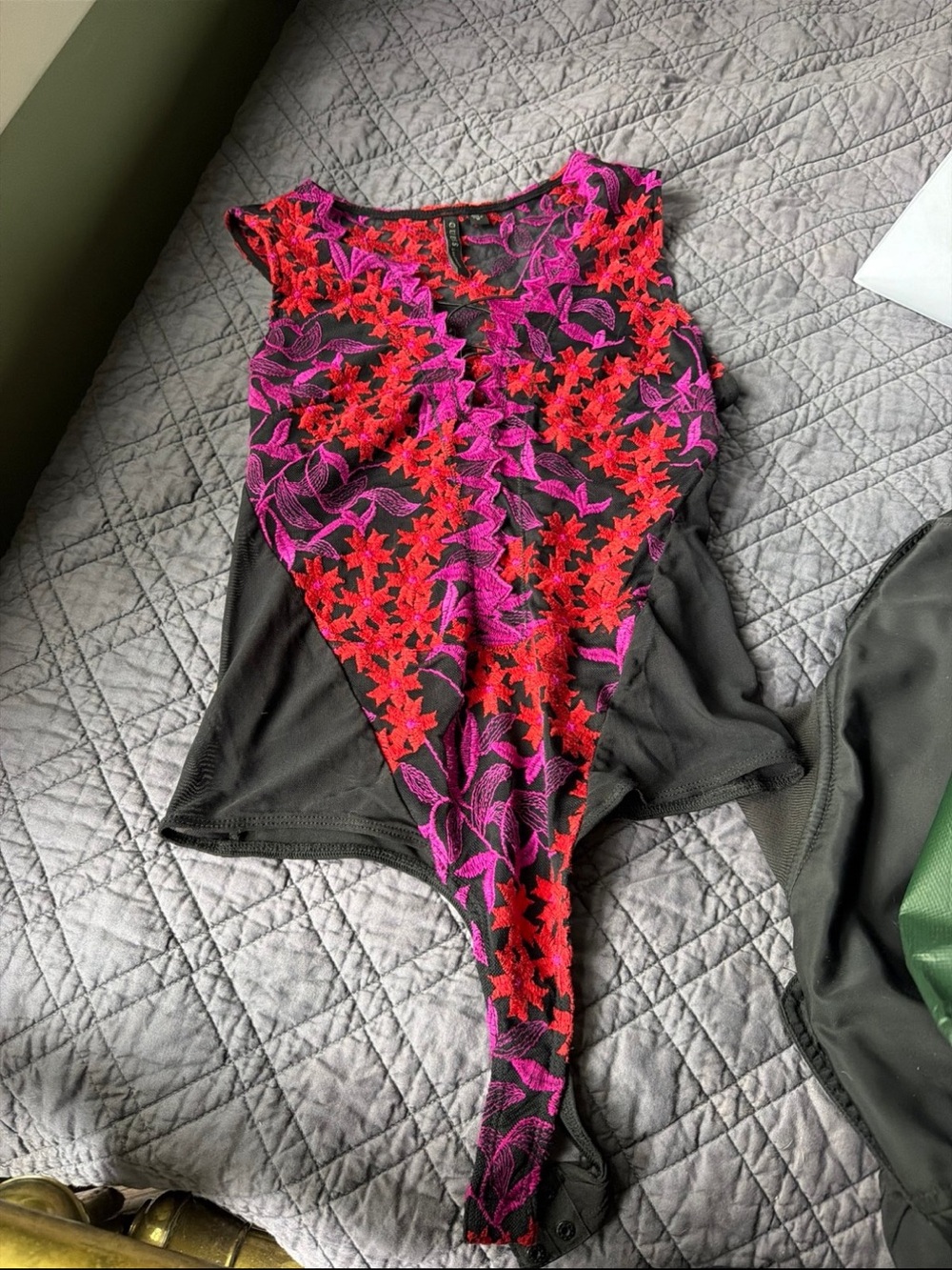 GUESS Black Lace-Accent Bodysuit with Pink & Red Embroidery